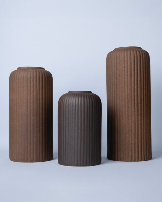 Ribbed Earthy Texture Matte Finish Vase Set (3-Piece, Brown)
